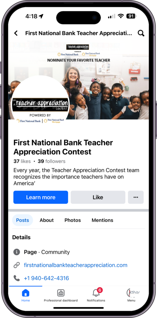 Social Media Managerment for First National Bank Teacher Appreciation Contest